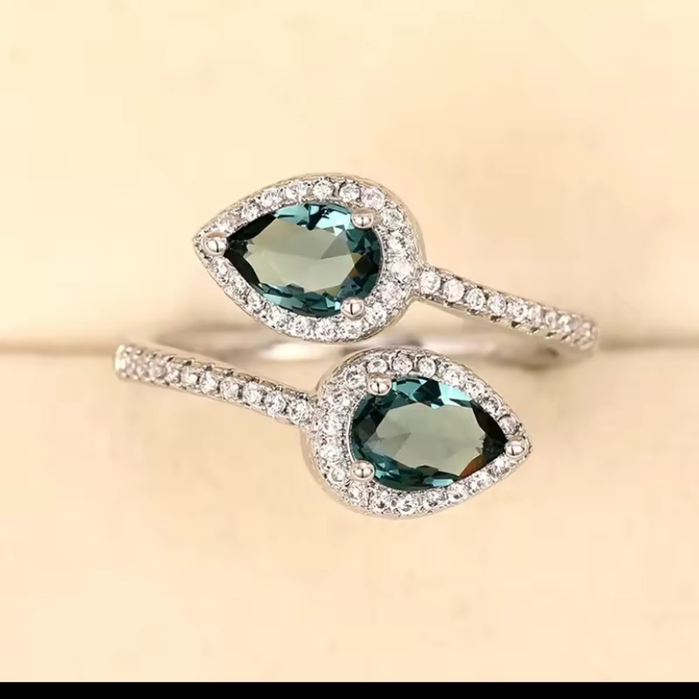 Teal Pear Halo Double-Teardrop Ring - Women's Silver Ring - Picture 5 of 9